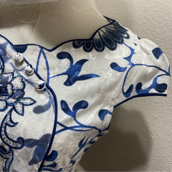 Chinese Qipao Cheongsam Floral Sequin Midi Dress Blue White Size Medium - Picture 3 of 10